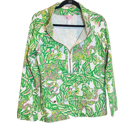 Lilly Pulitzer Women’s M Skipper Solid Popover Sweatshirt Green Palm Print - Picture 3 of 9
